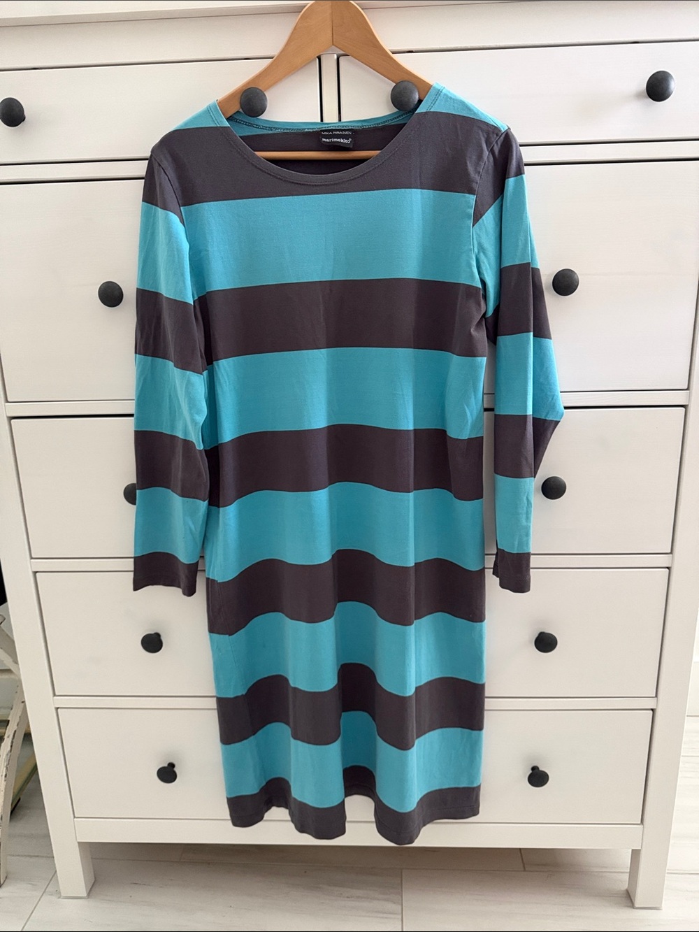 Marimekko Vintage Striped Long-Sleeve Dress - Turquoise & Gray